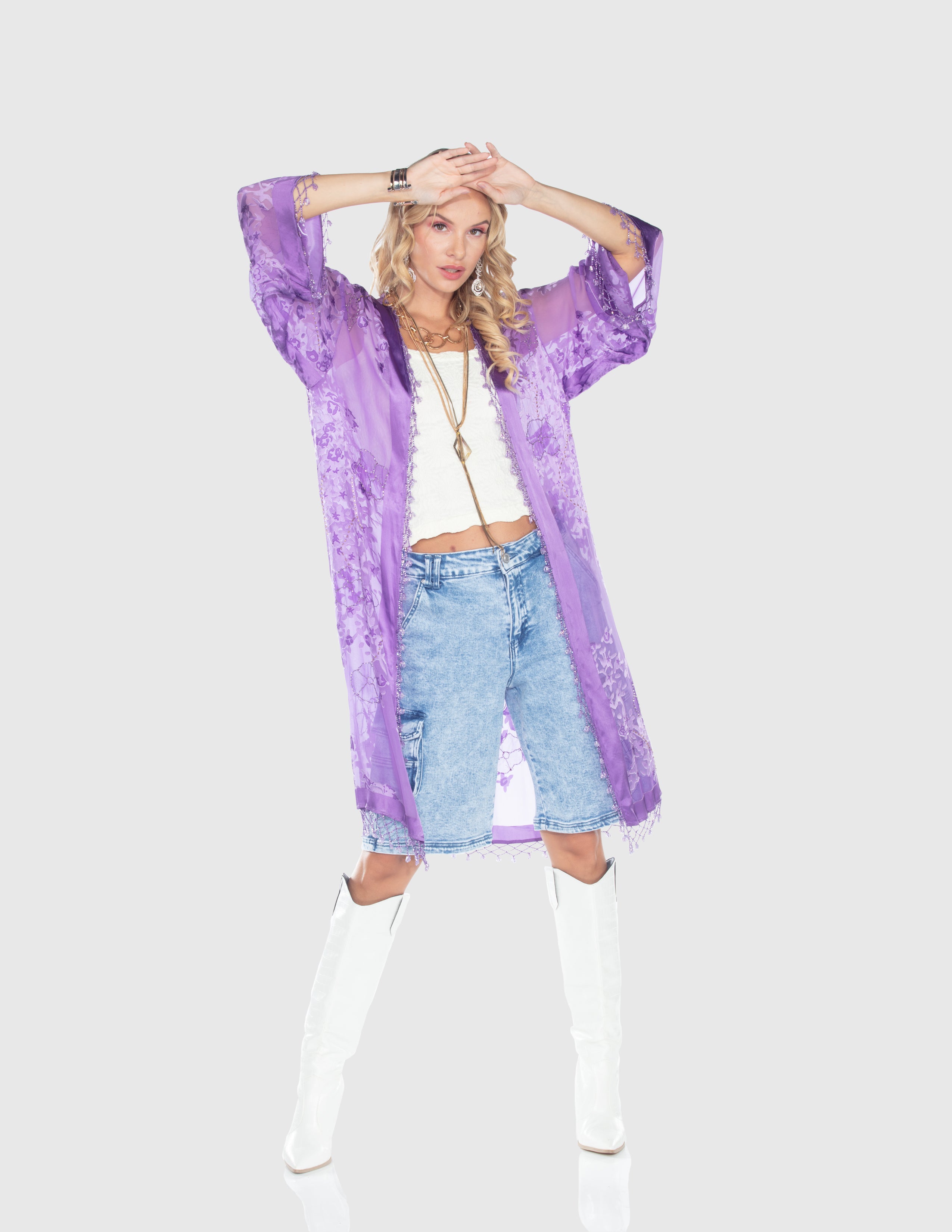 Lavender Sheer Embroidered Kimono