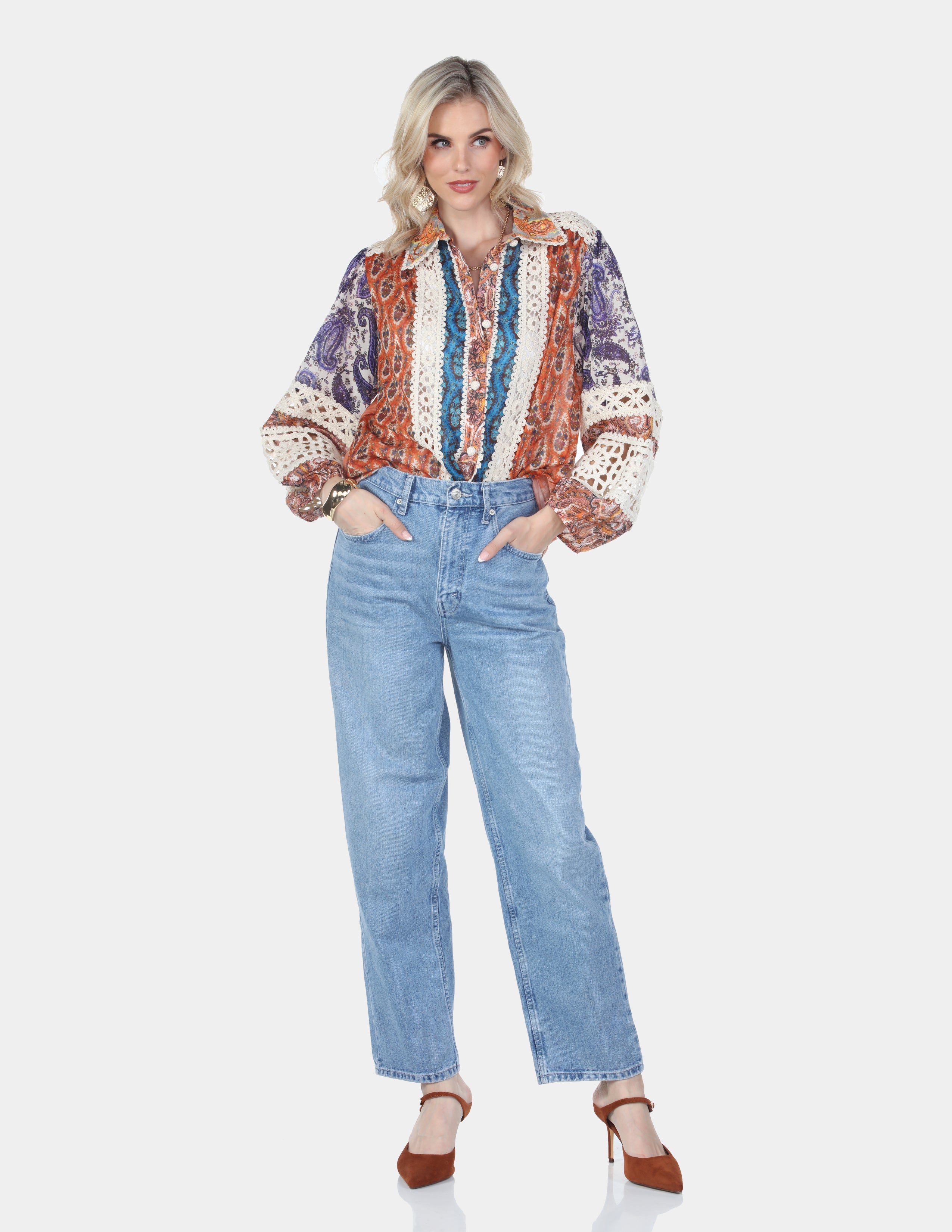 Bohemian Paisley Crochet Trim Button-Up Blouse