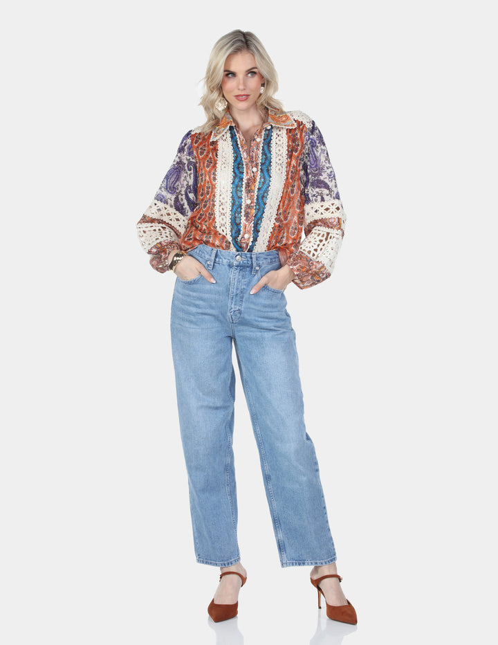 Bohemian Paisley Crochet Trim Button-Up Blouse