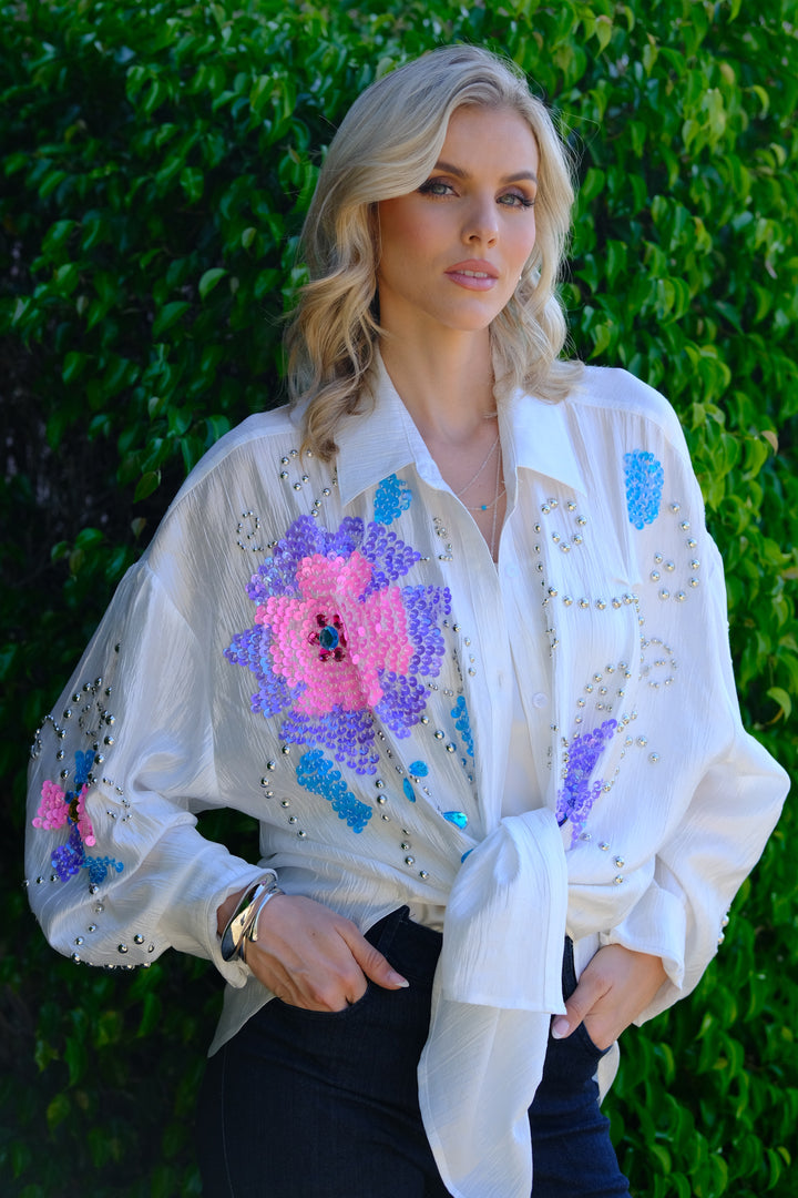 Bloom Sequin Embellished White Button-Up Shirt