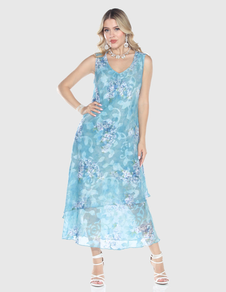 Aqua Lilac Floral Layered Midi Dress