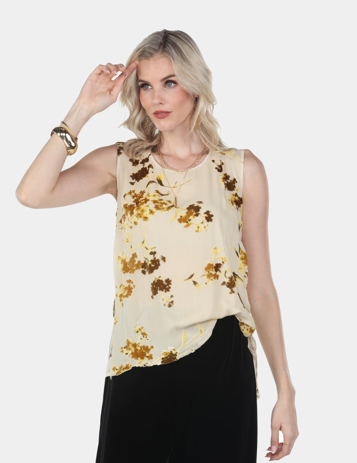 Golden Bloom Sleeveless Sheer Floral Top