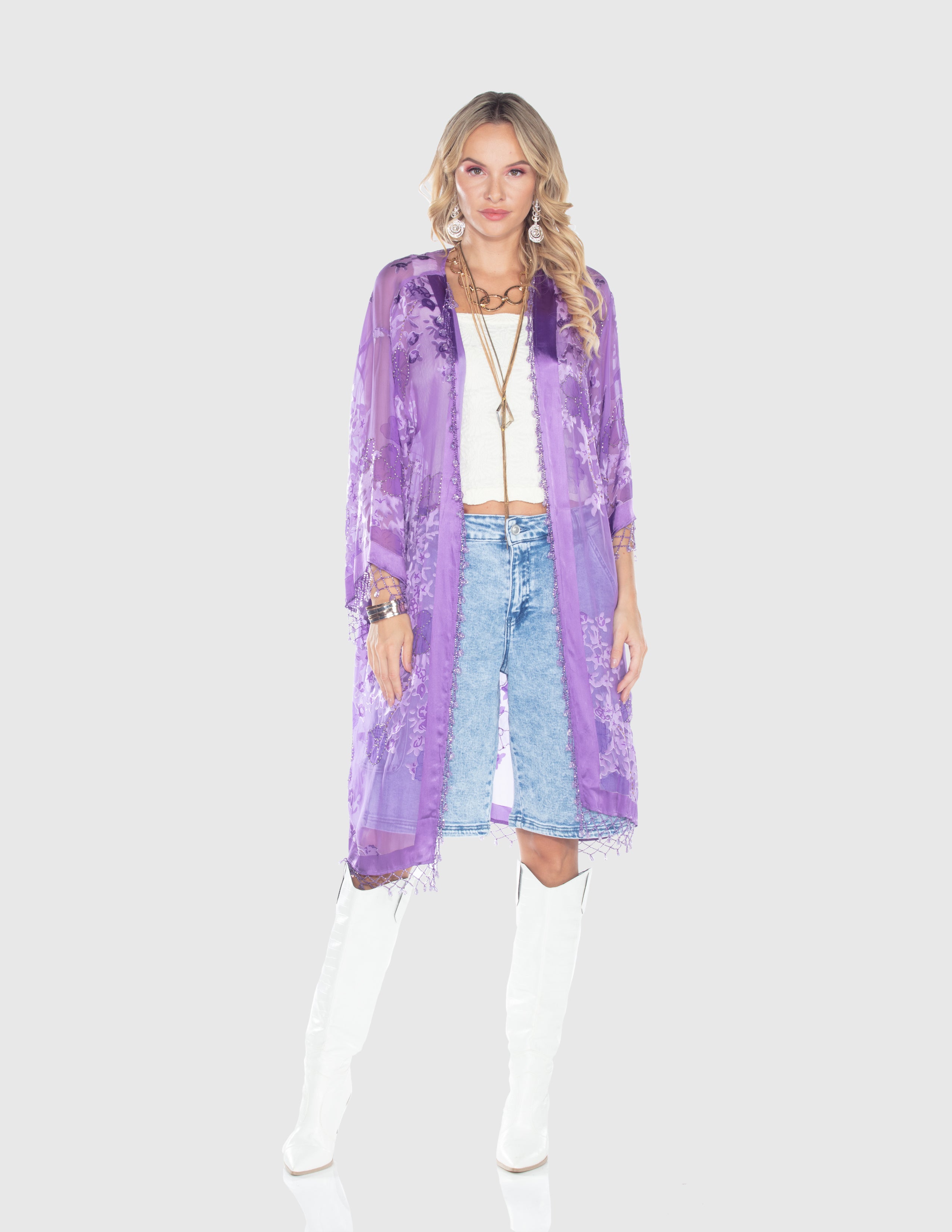 Lavender Sheer Embroidered Kimono