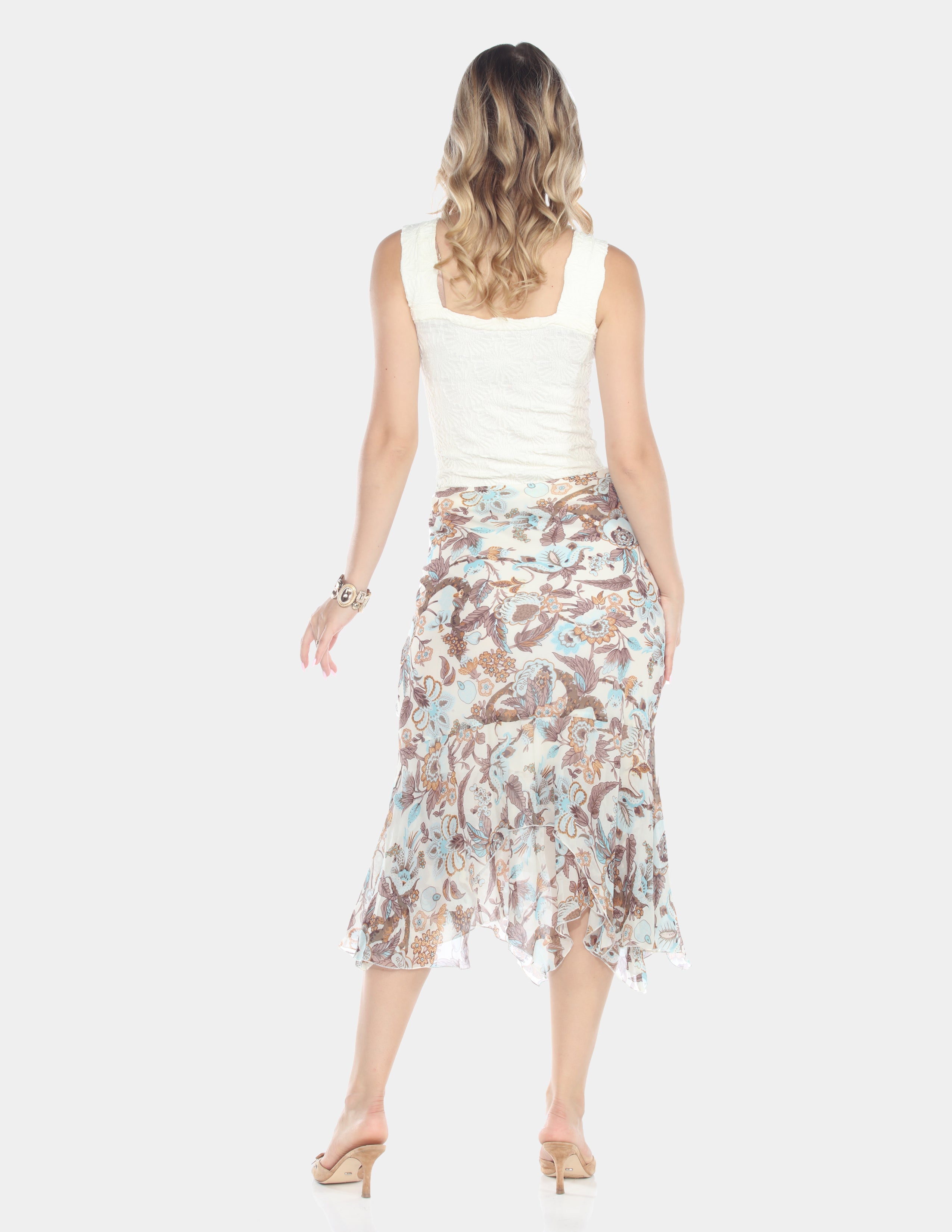 Aqua Paisley Floral Ruffle Midi Skirt