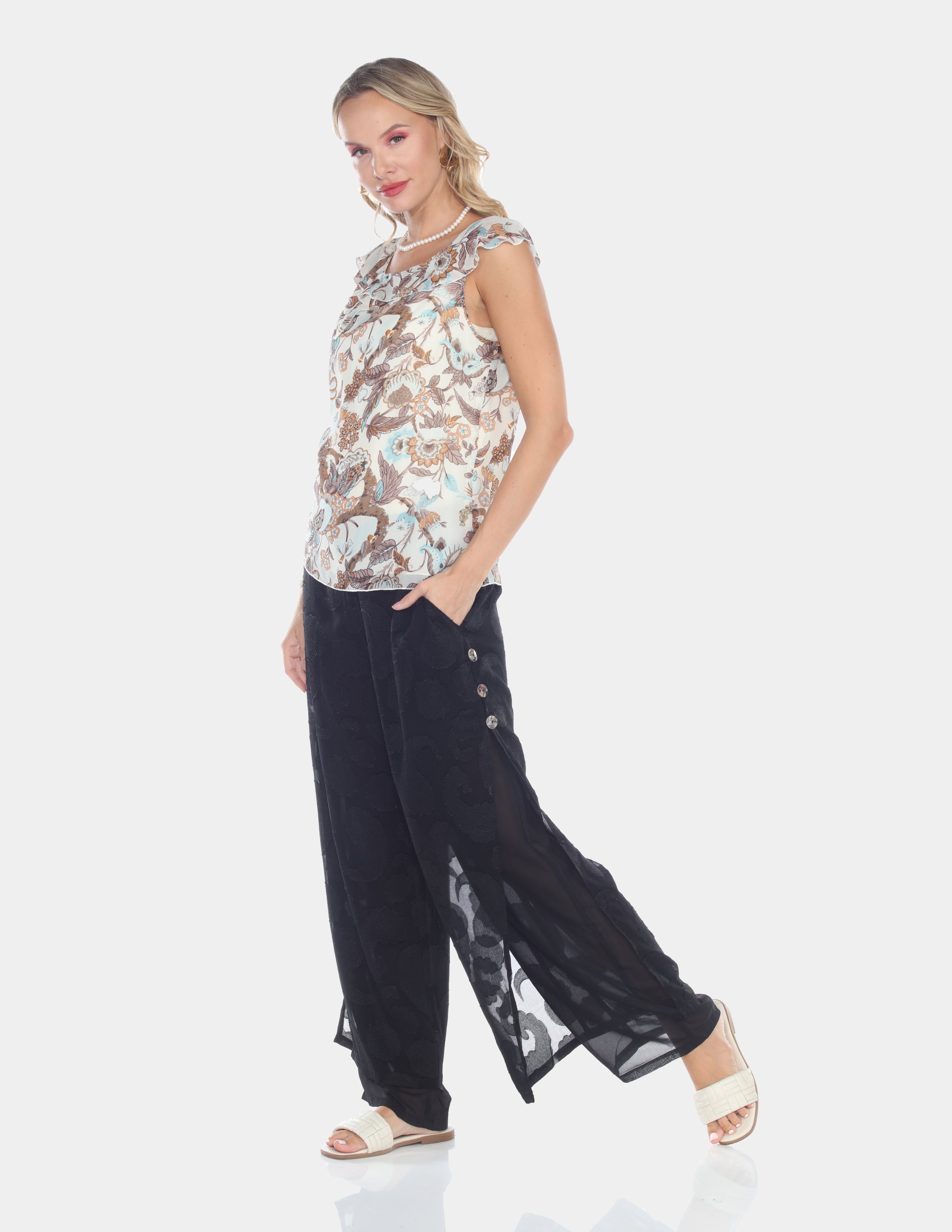 Aqua Paisley Ruffle Neck Sleeveless Top