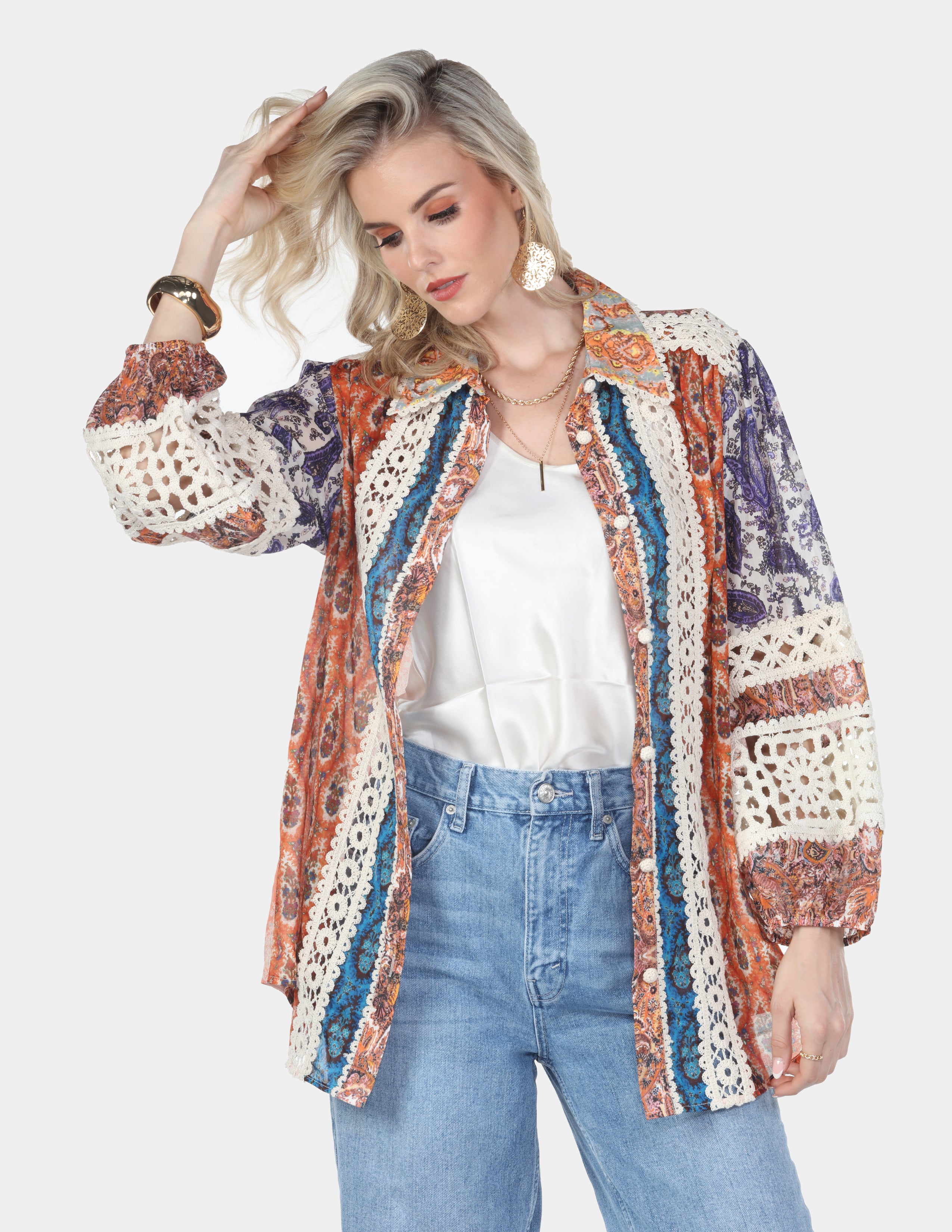 Bohemian Paisley Crochet Trim Button-Up Blouse