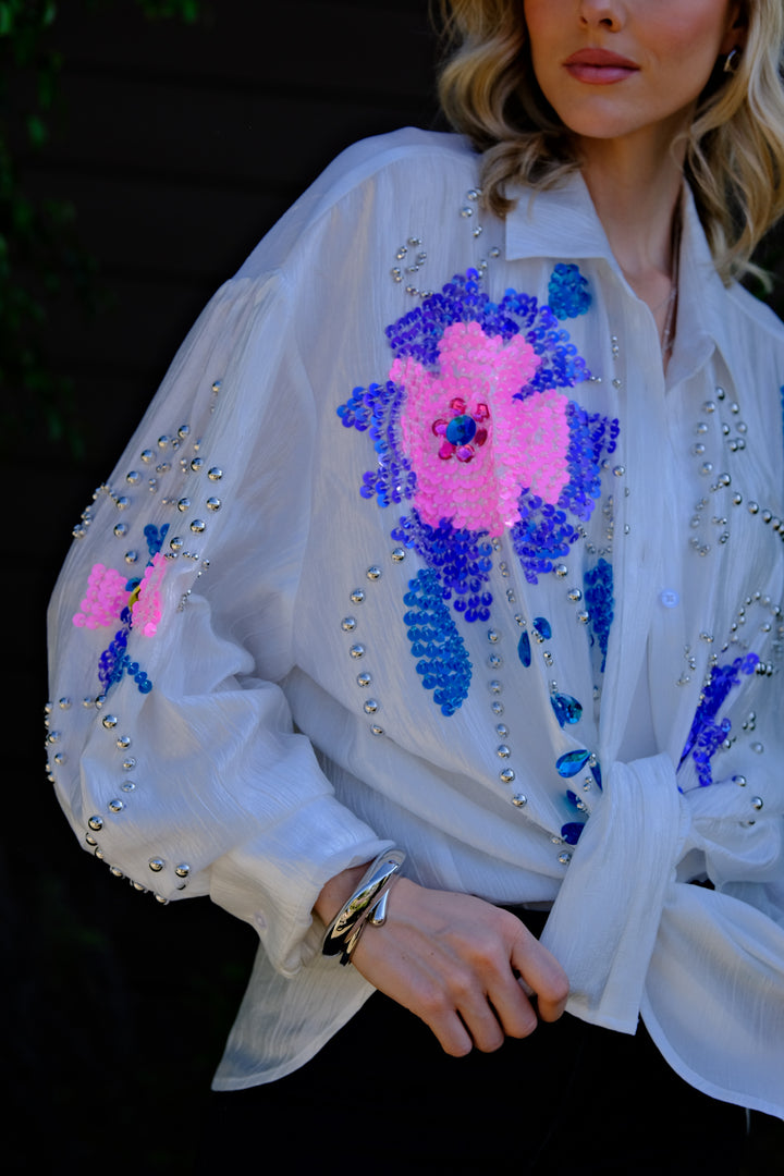 Bloom Sequin Embellished White Button-Up Shirt