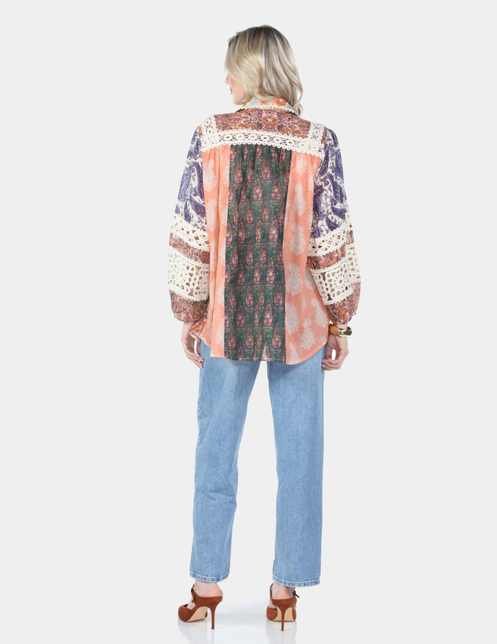 Bohemian Paisley Crochet Trim Button-Up Blouse
