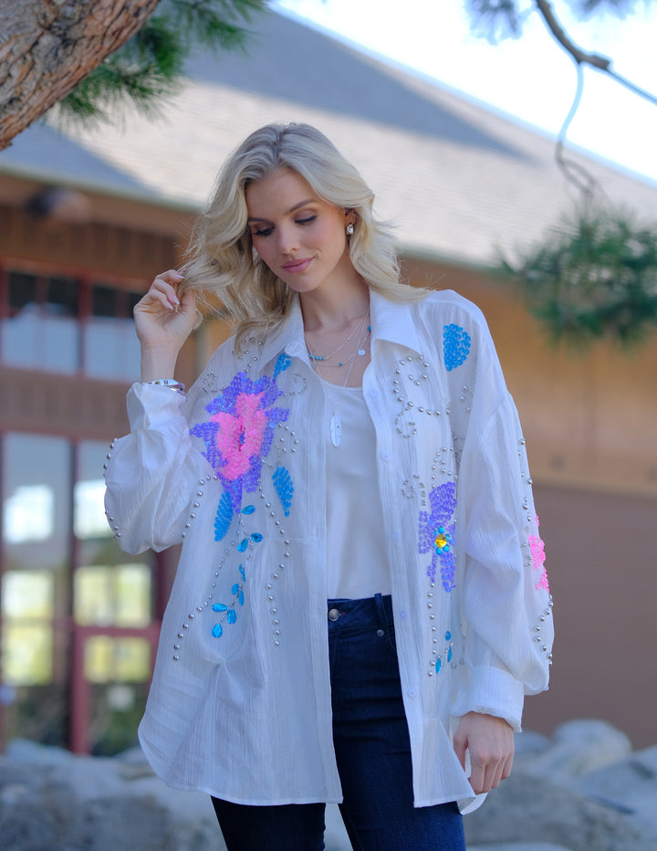 Bloom Sequin Embellished White Button-Up Shirt