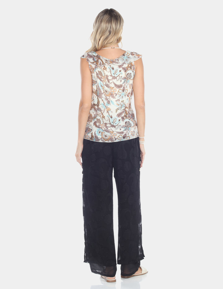 Aqua Paisley Ruffle Neck Sleeveless Top