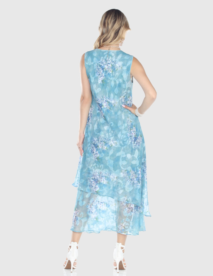 Aqua Lilac Floral Layered Midi Dress