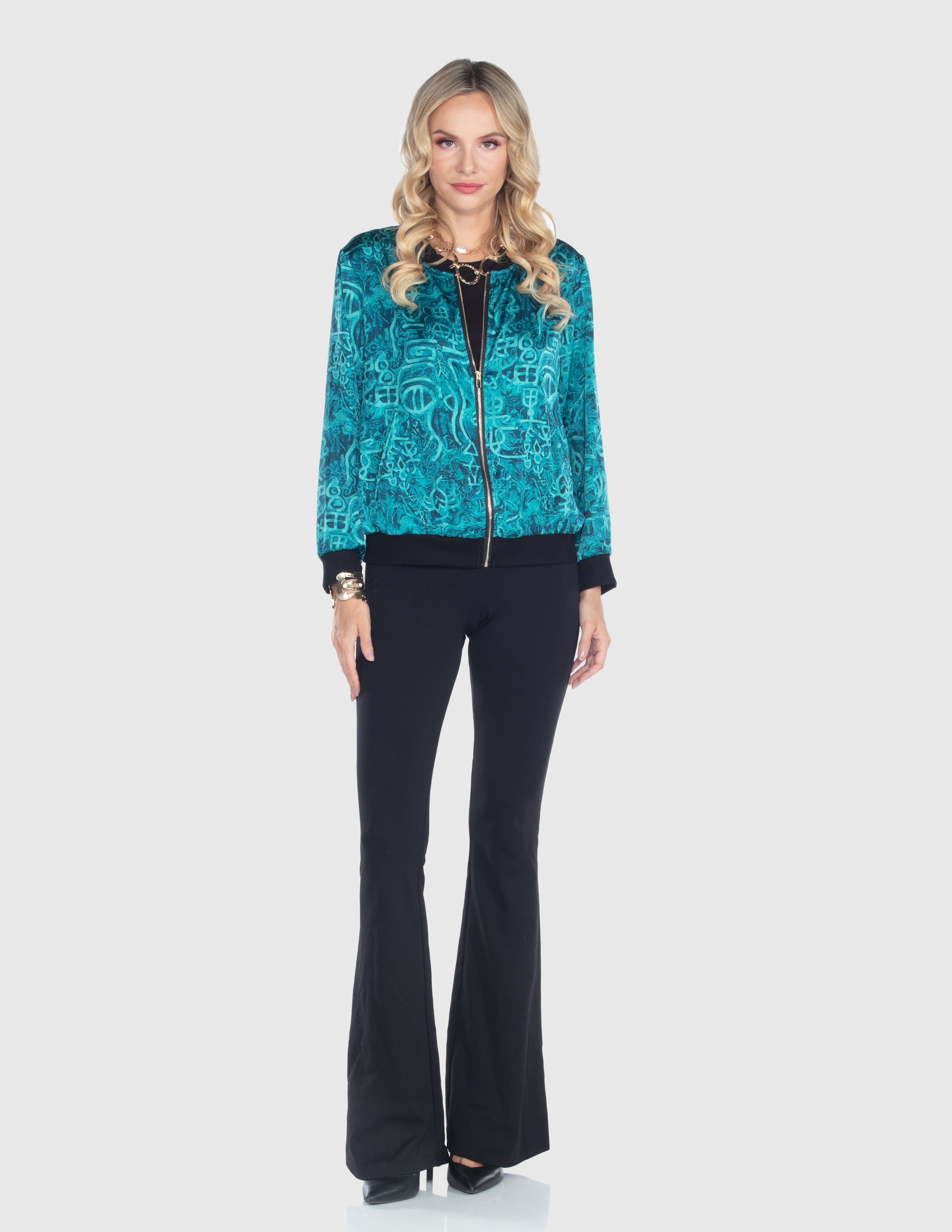 Turquoise Velvet Burnout Zip Jacket