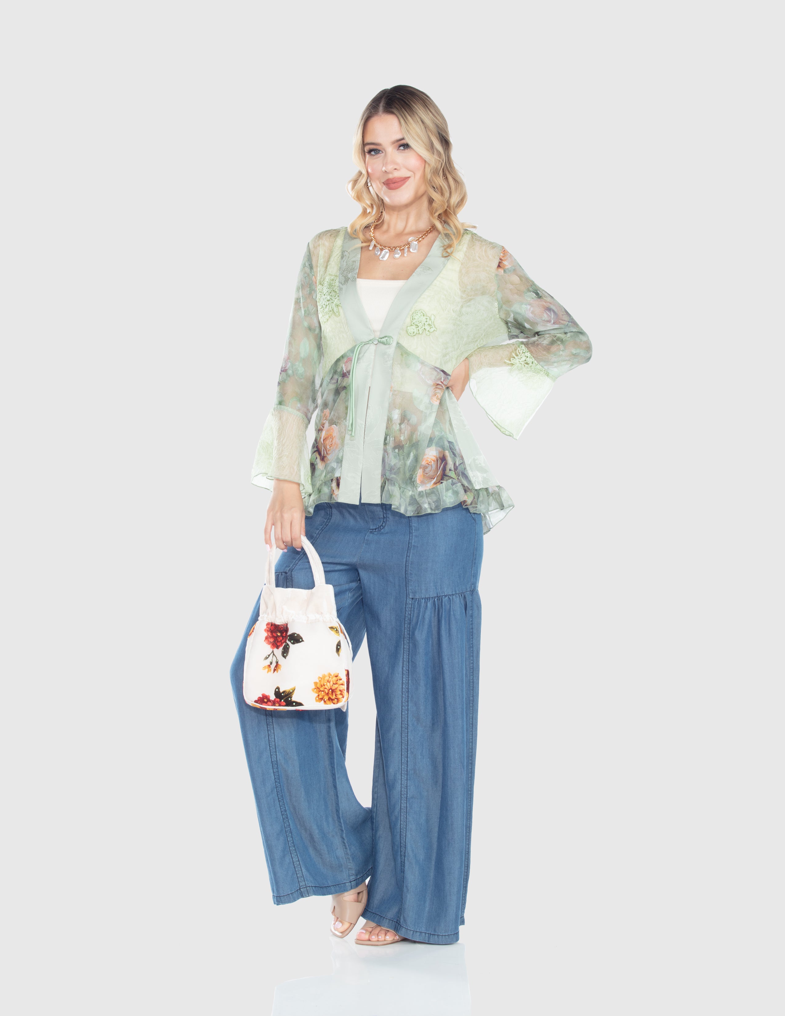Sage Blossom Sheer Tie-Front Top
