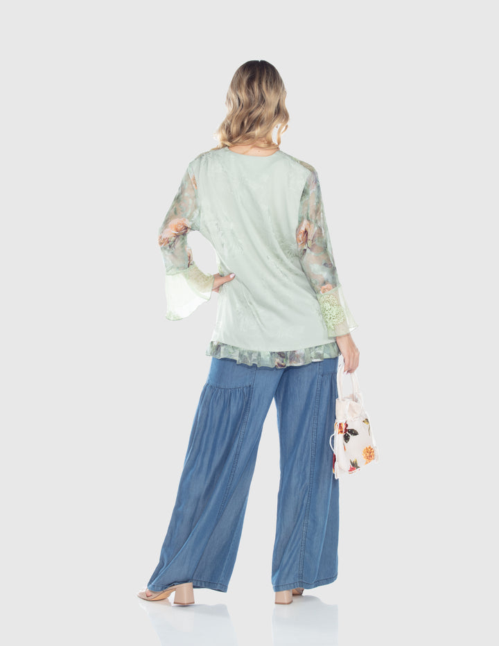 Sage Blossom Sheer Tie-Front Top