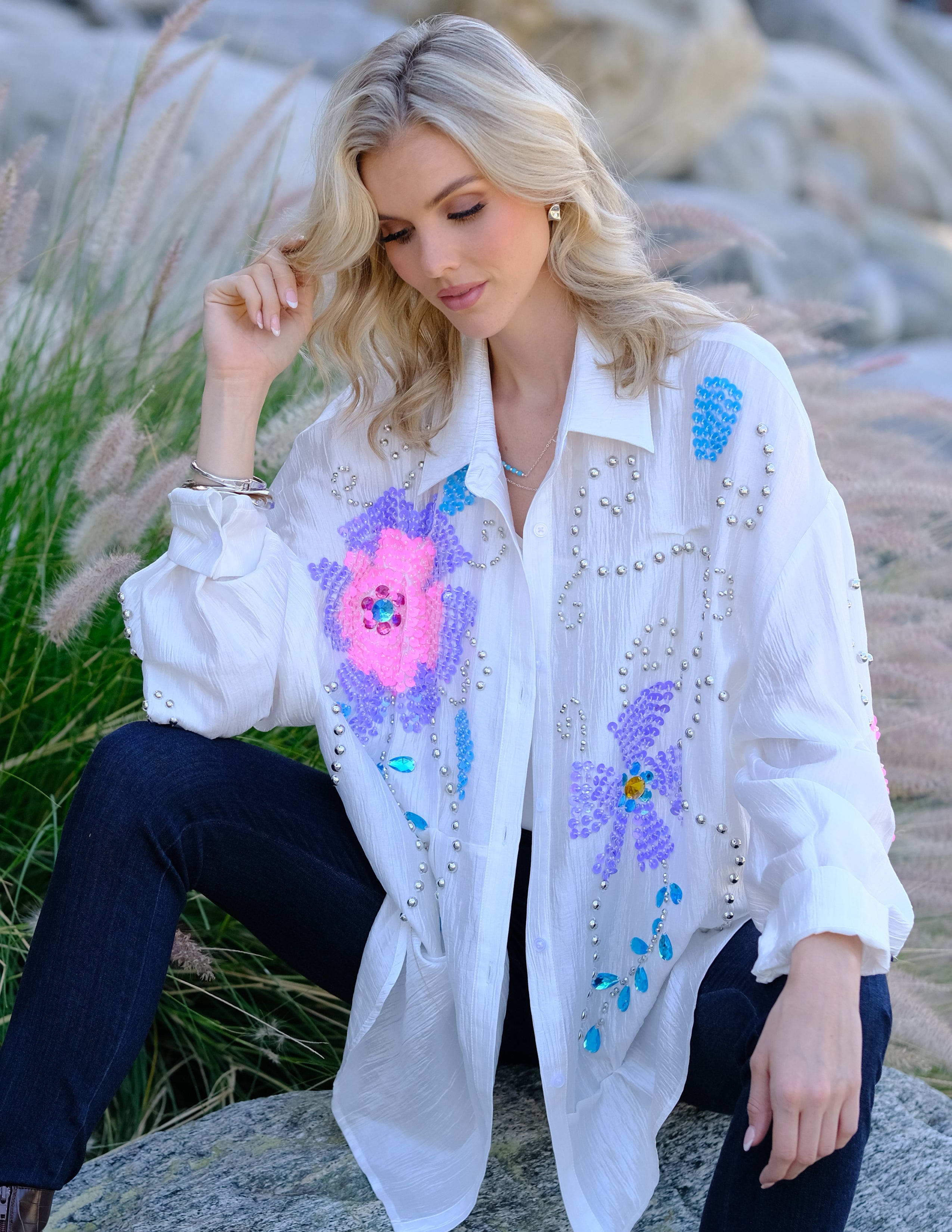 Bloom Sequin Embellished White Button-Up Shirt