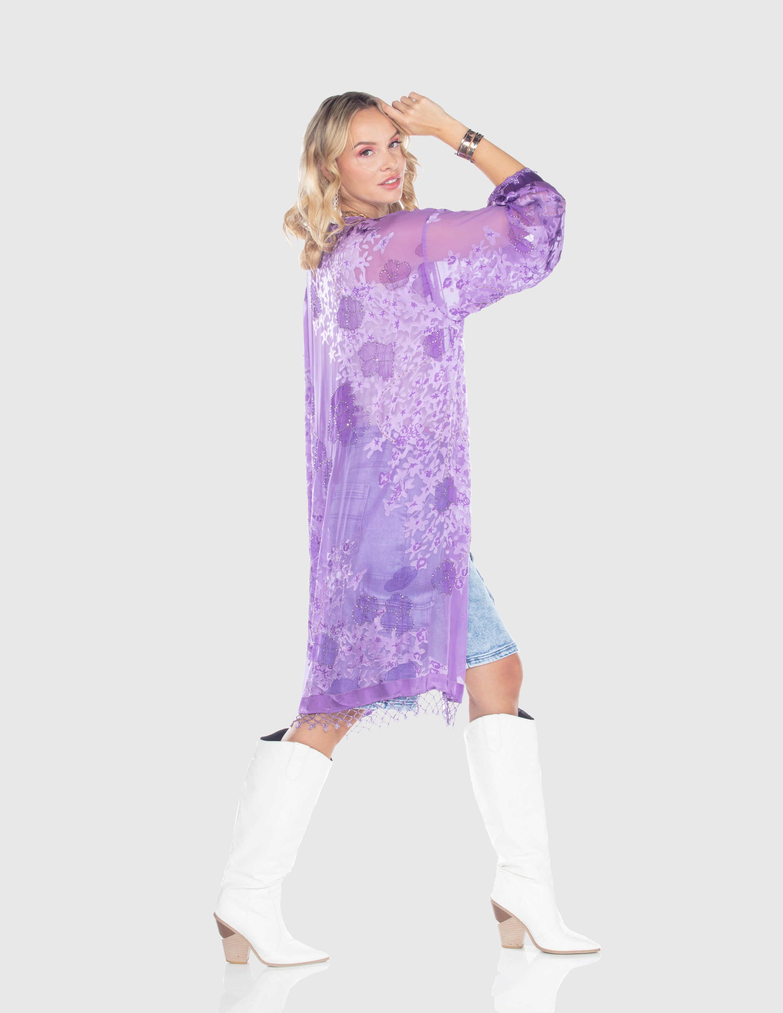 Lavender Sheer Embroidered Kimono