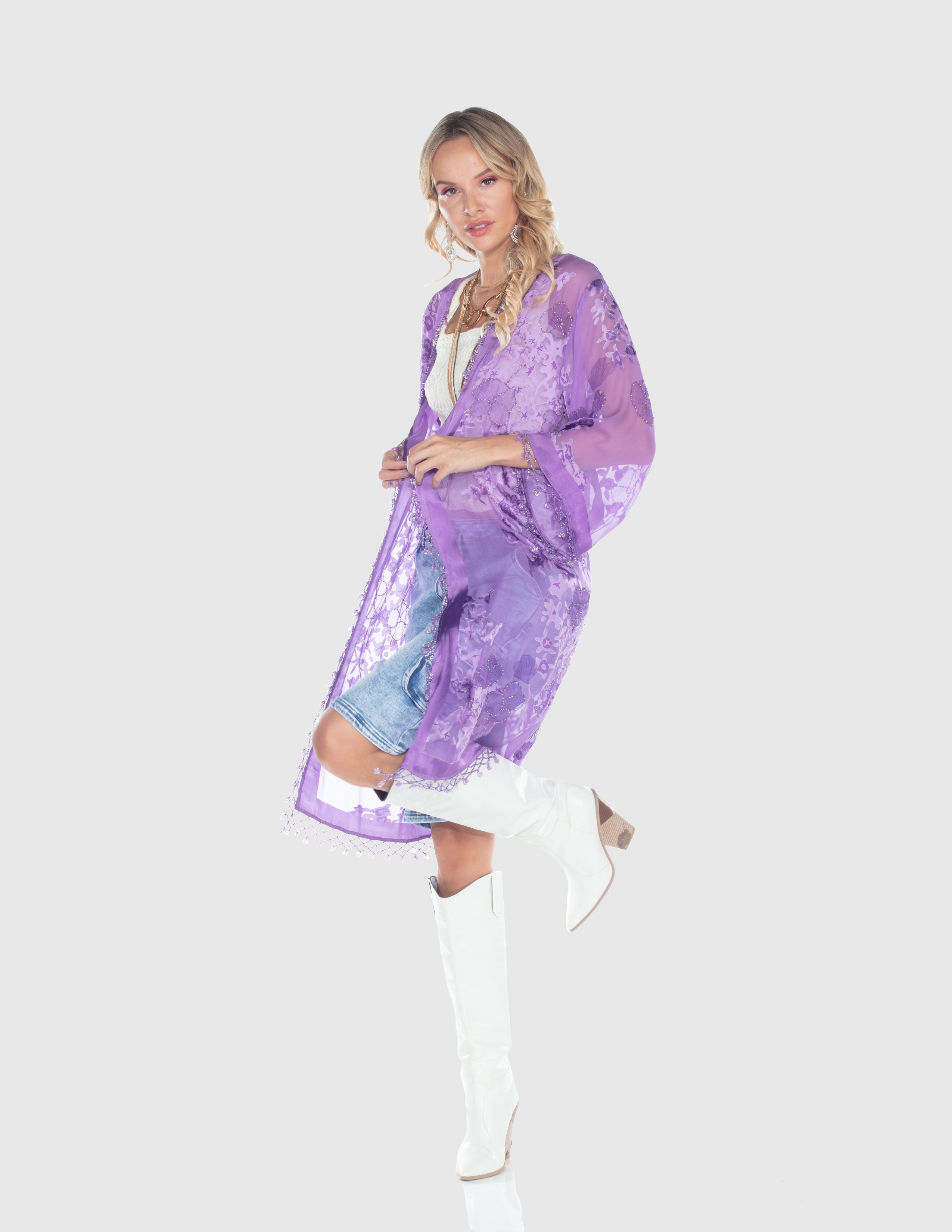 Lavender Sheer Embroidered Kimono