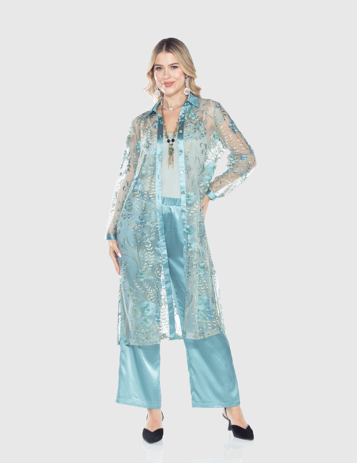 Aqua Embroidered Sheer Duster Jacket