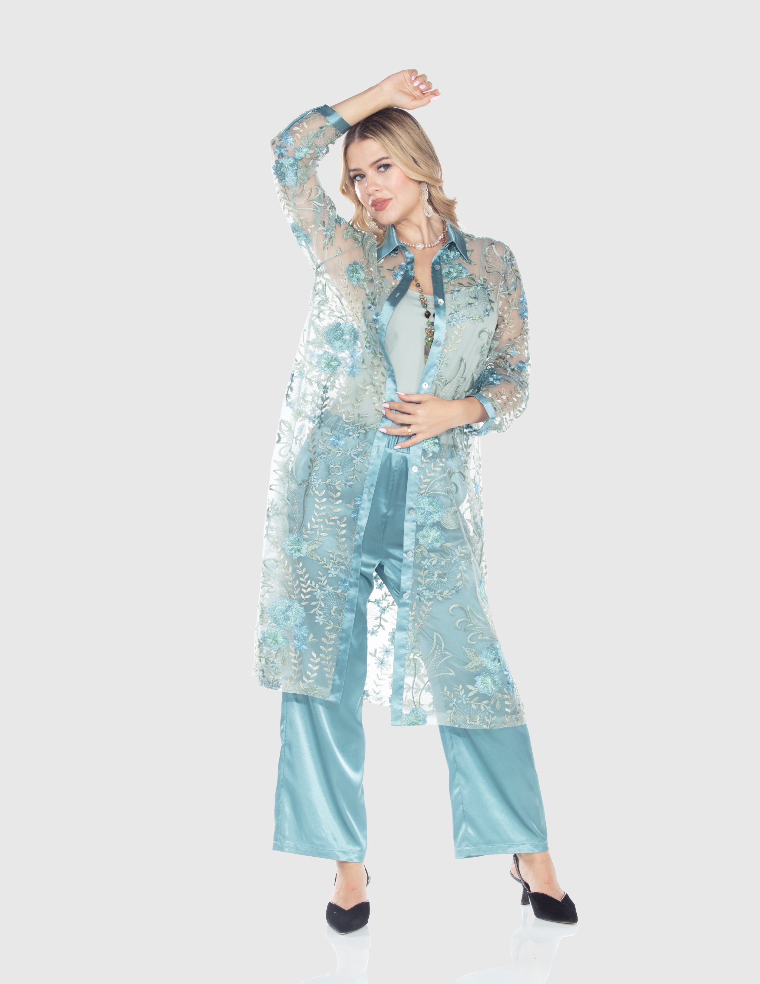 Aqua Embroidered Sheer Duster Jacket