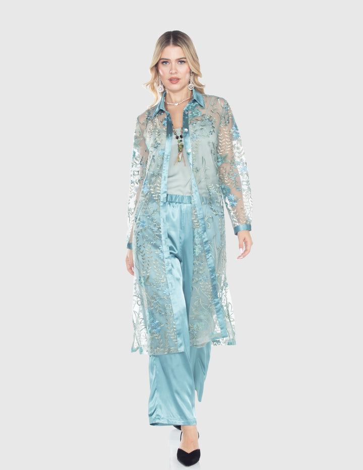 Aqua Embroidered Sheer Duster Jacket