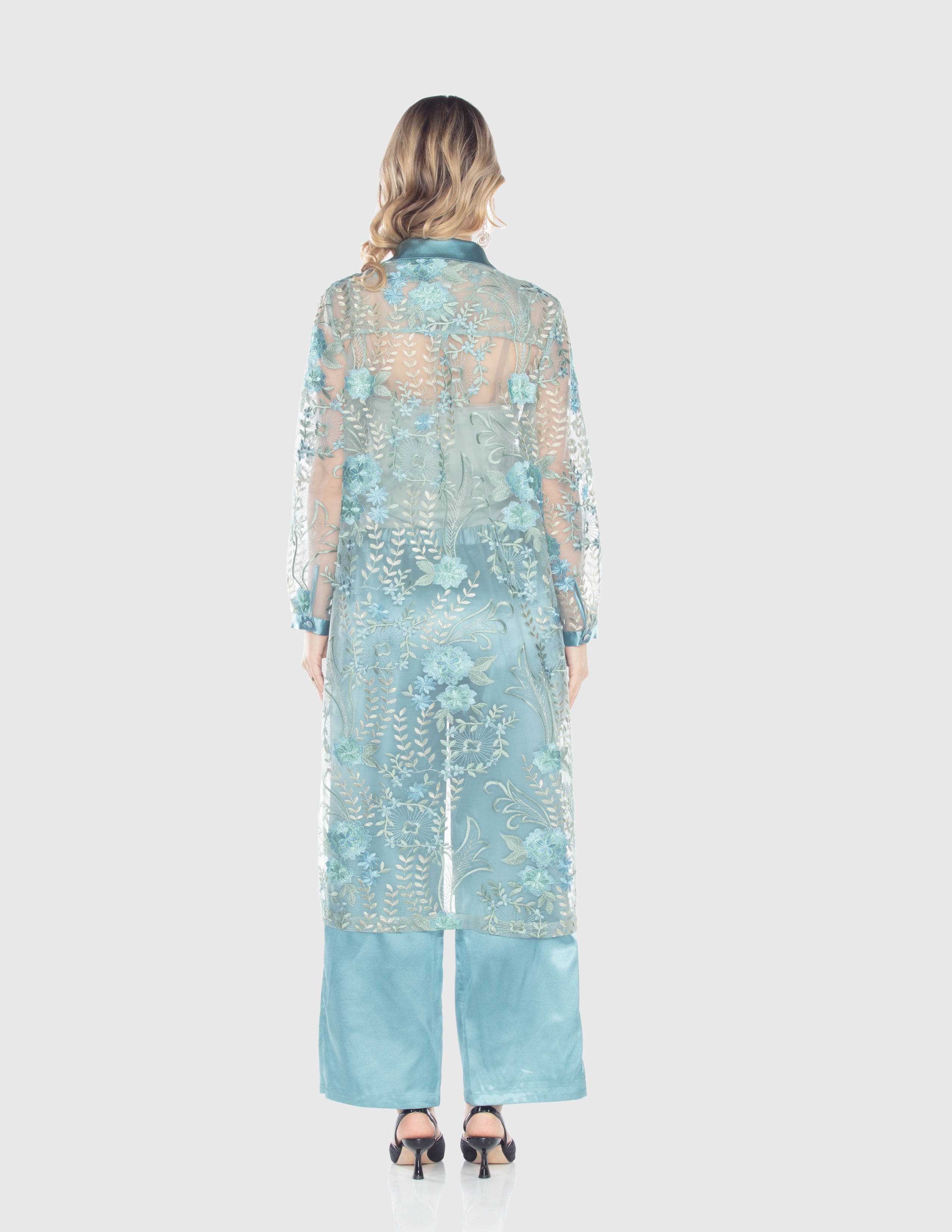 Aqua Embroidered Sheer Duster Jacket
