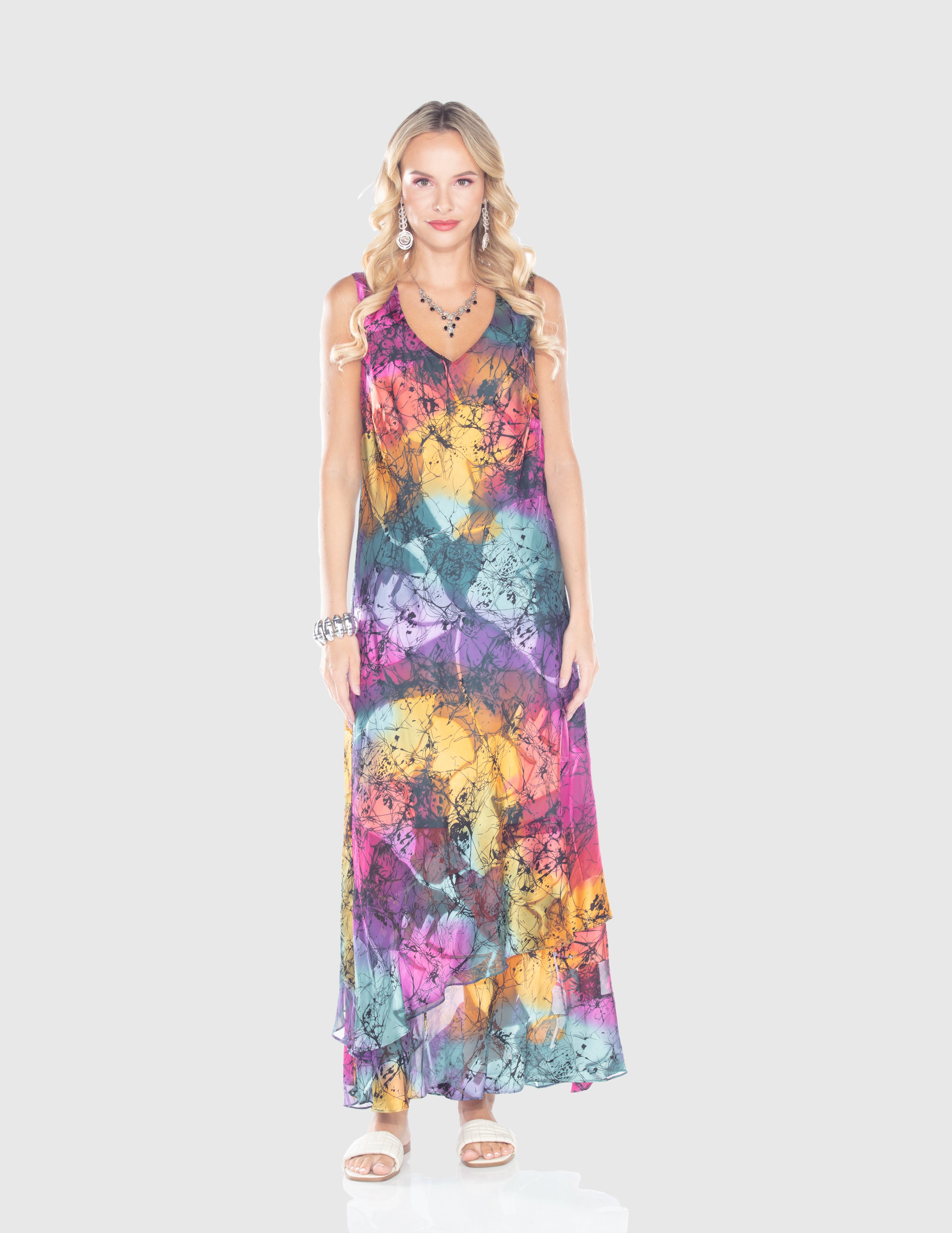 Vibrant Watercolor Layered Maxi Dress