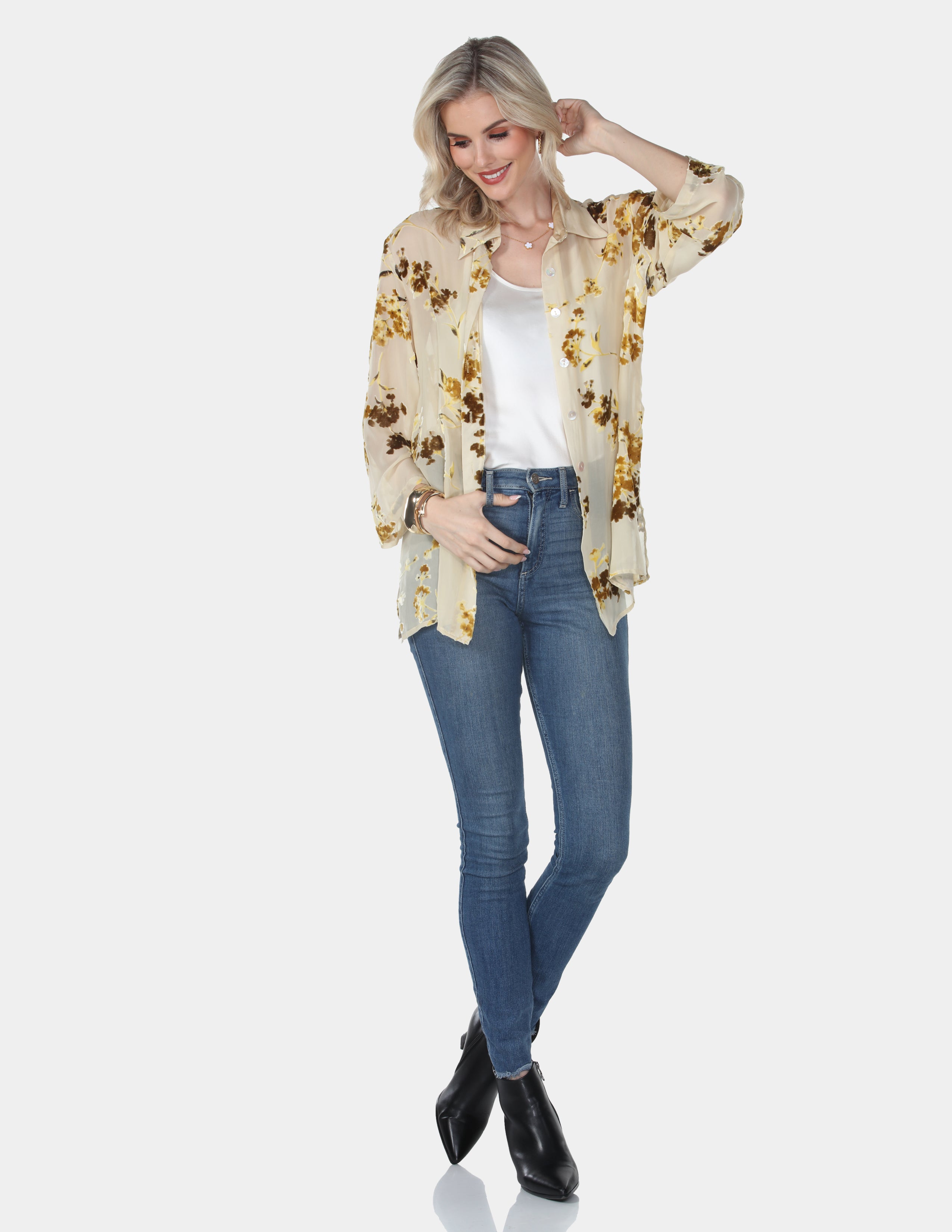 Golden Floral Sheer Button-Up Shirt