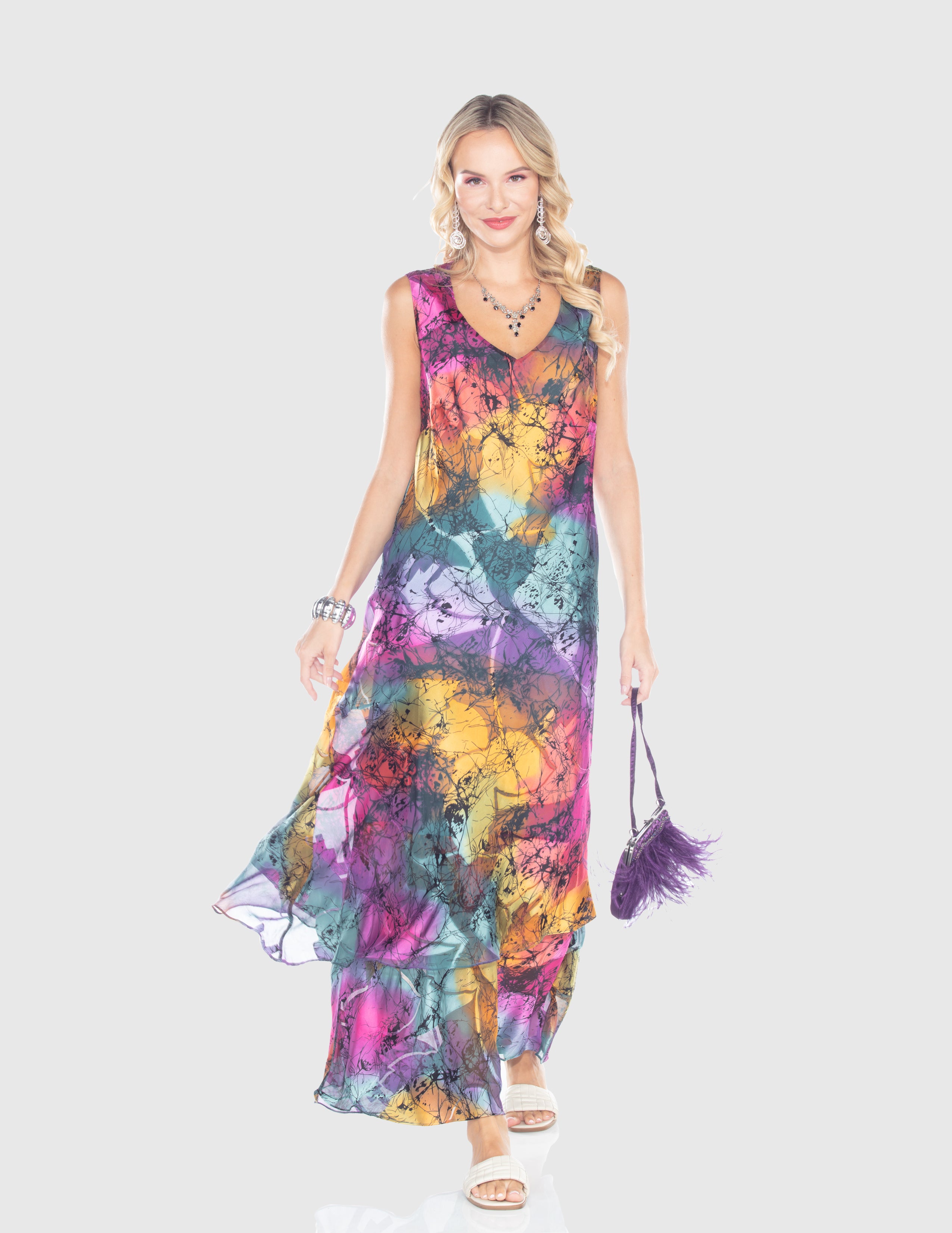 Vibrant Watercolor Layered Maxi Dress