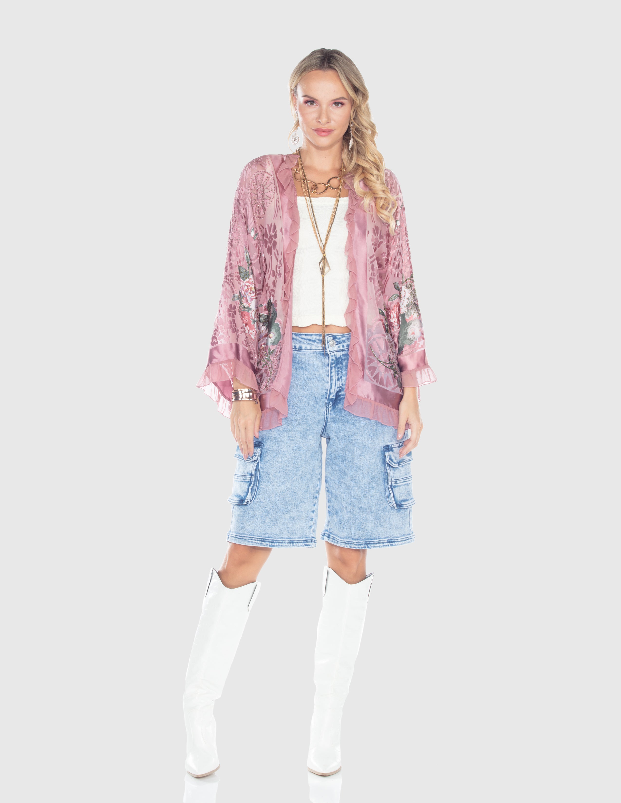 Blush Floral Ruffle Kimono Jacket