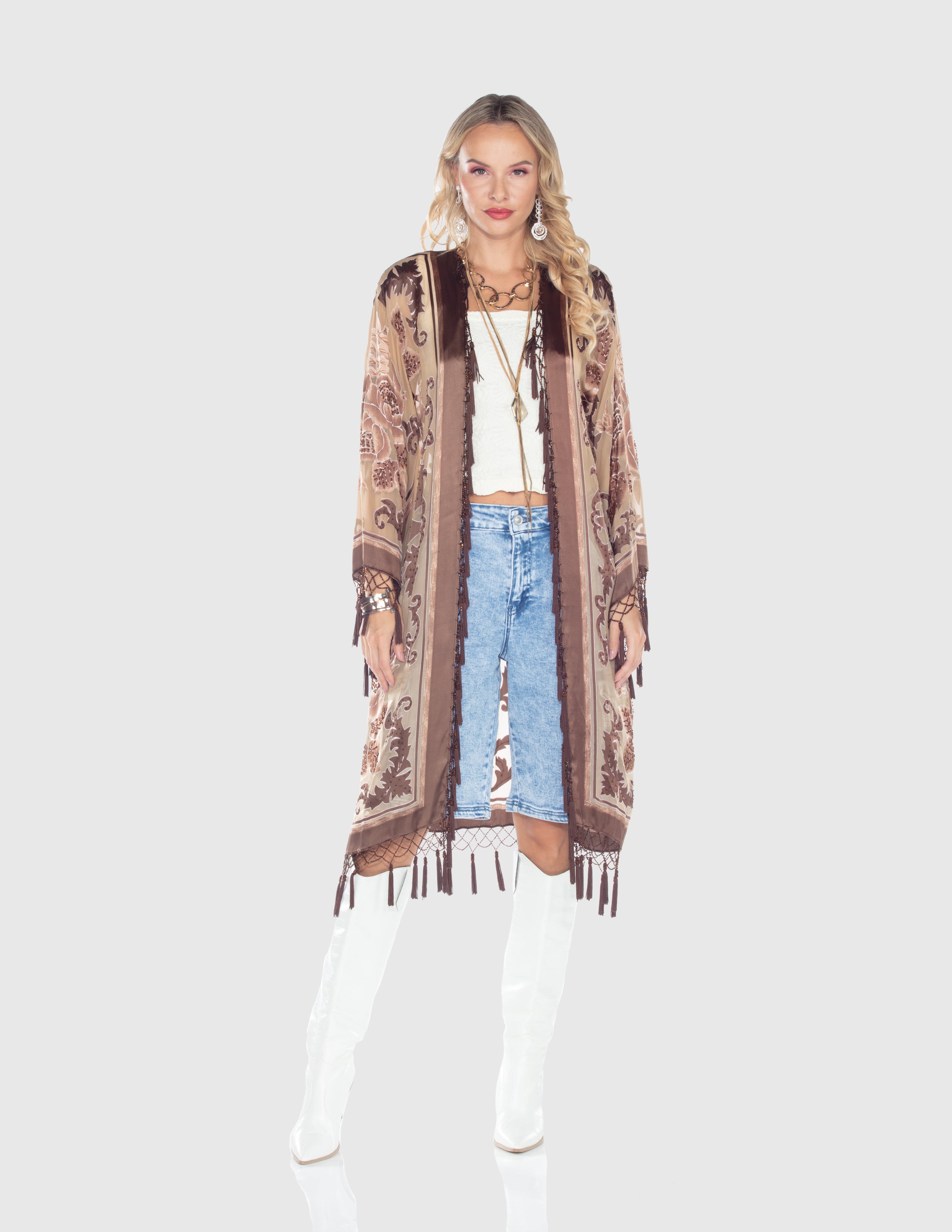 Mocha Paisley Burnout Fringe Kimono
