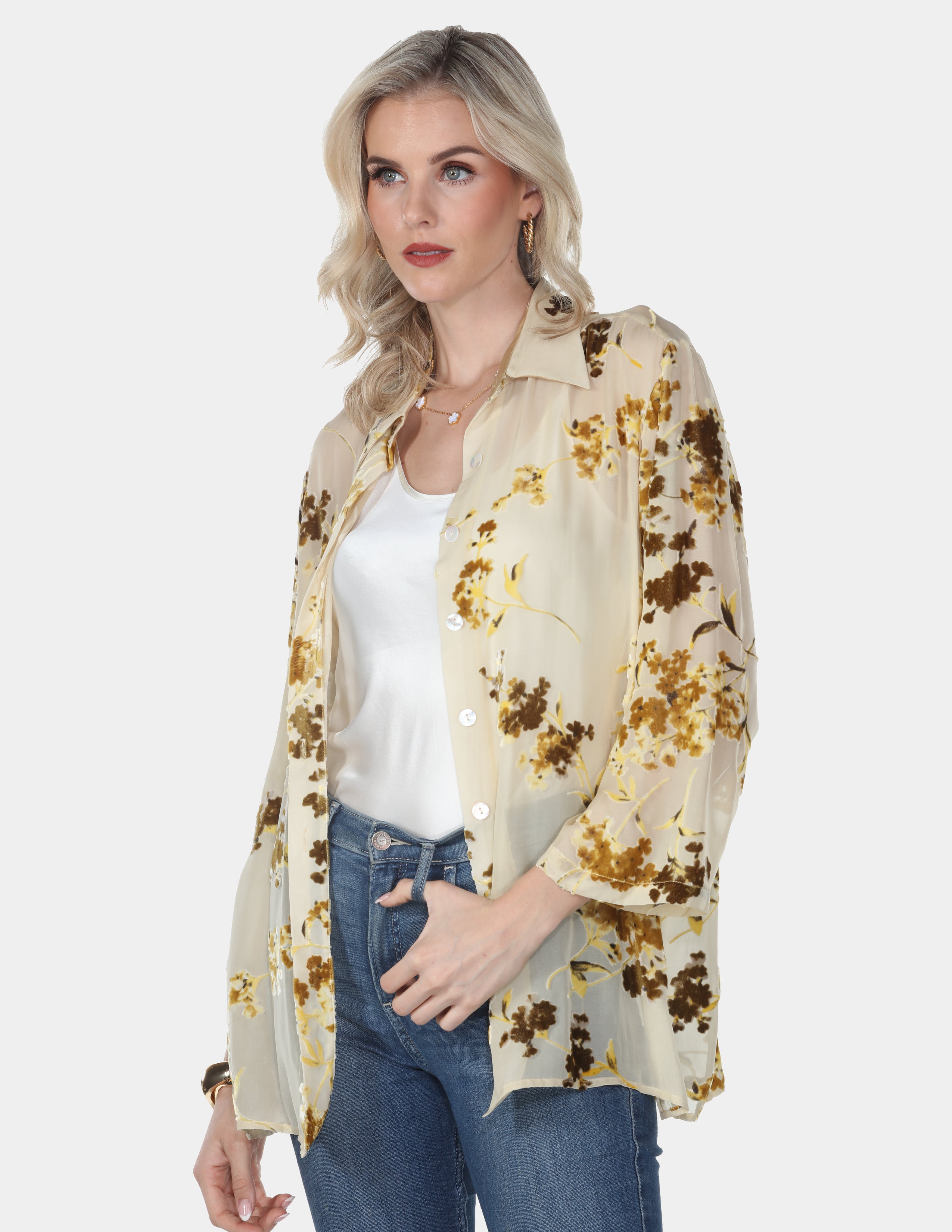 Golden Floral Sheer Button-Up Shirt