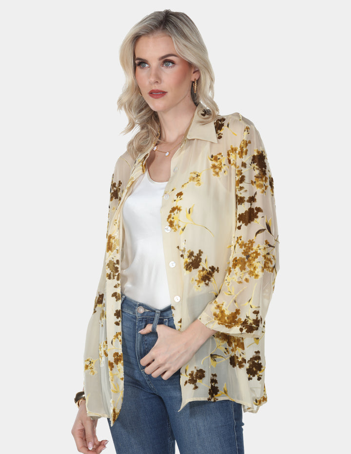 Golden Floral Sheer Button-Up Shirt