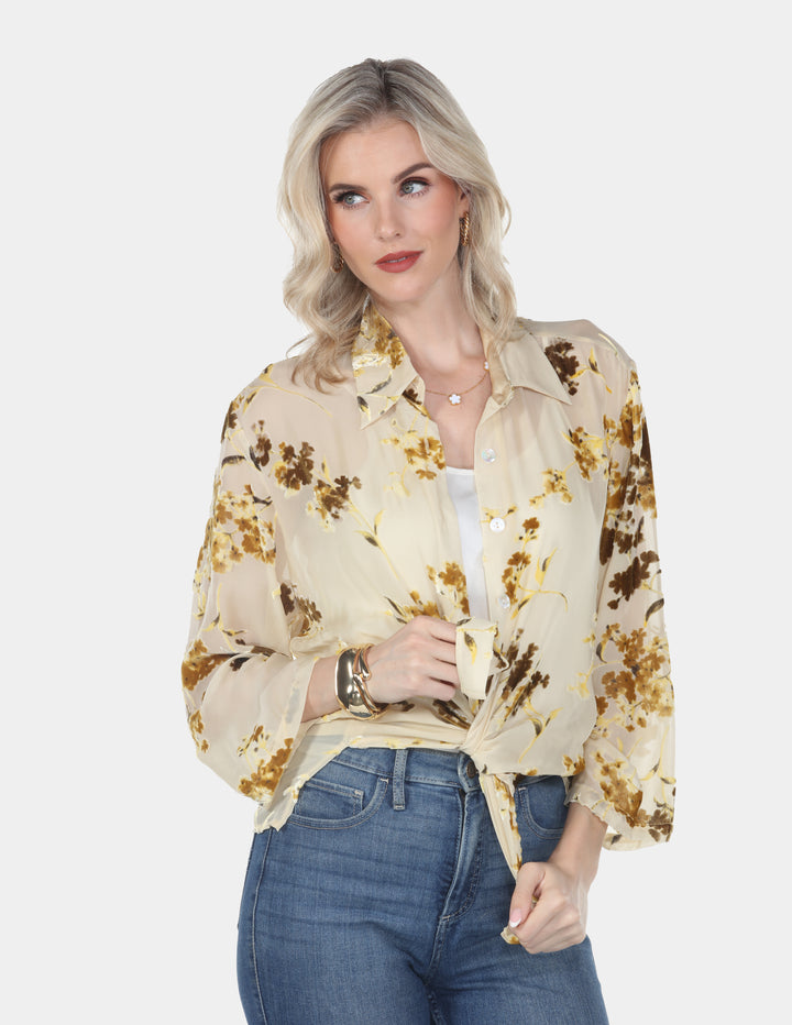 Golden Floral Sheer Button-Up Shirt