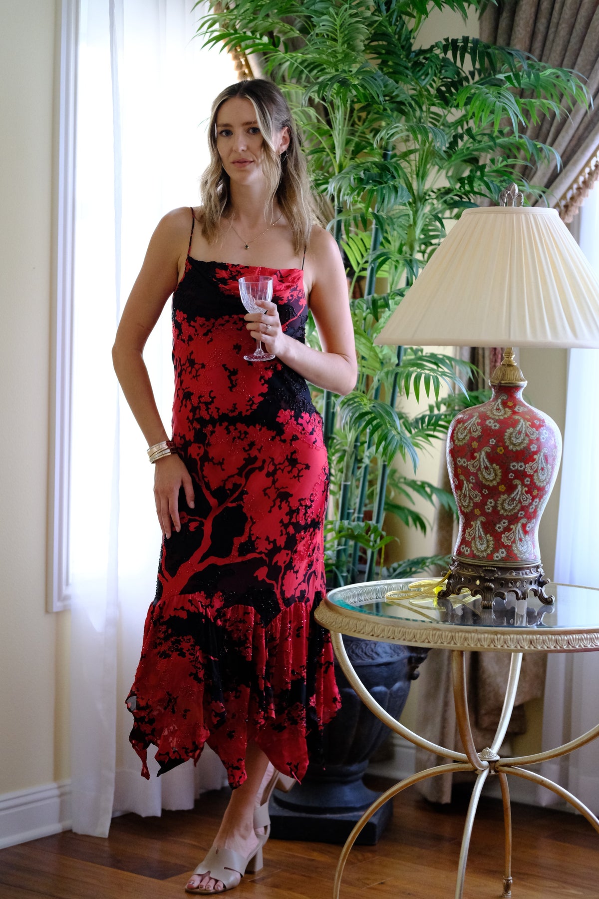 Hand Beaded Silk Burnout Floral Handkerchief Hem Dress