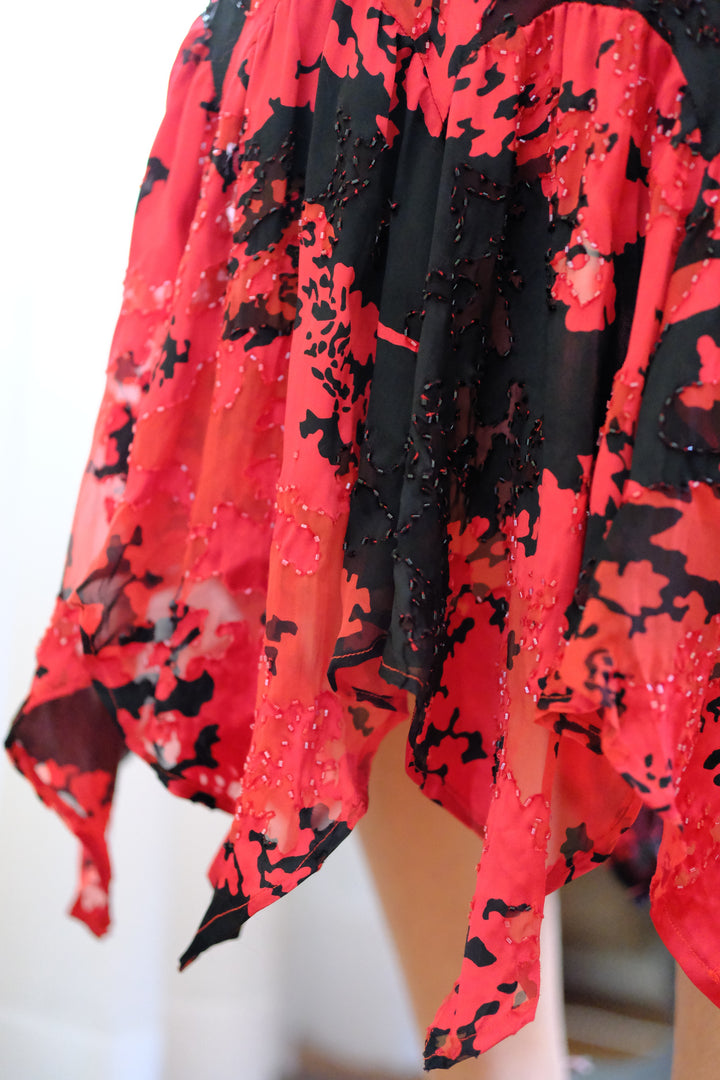 Hand Beaded Silk Burnout Floral Handkerchief Hem Dress