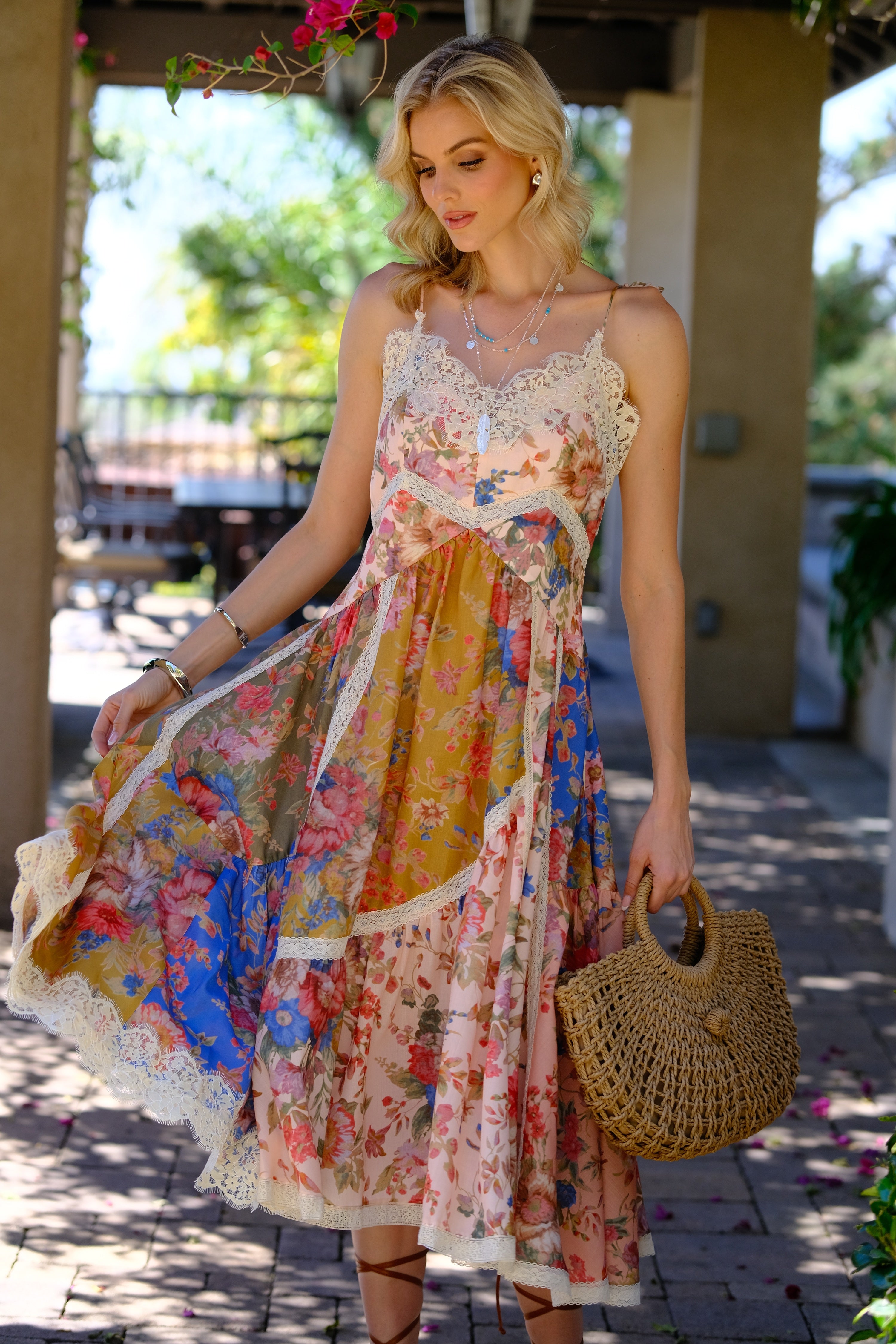 Garden Muse Floral Patchwork Lace Midi Dress