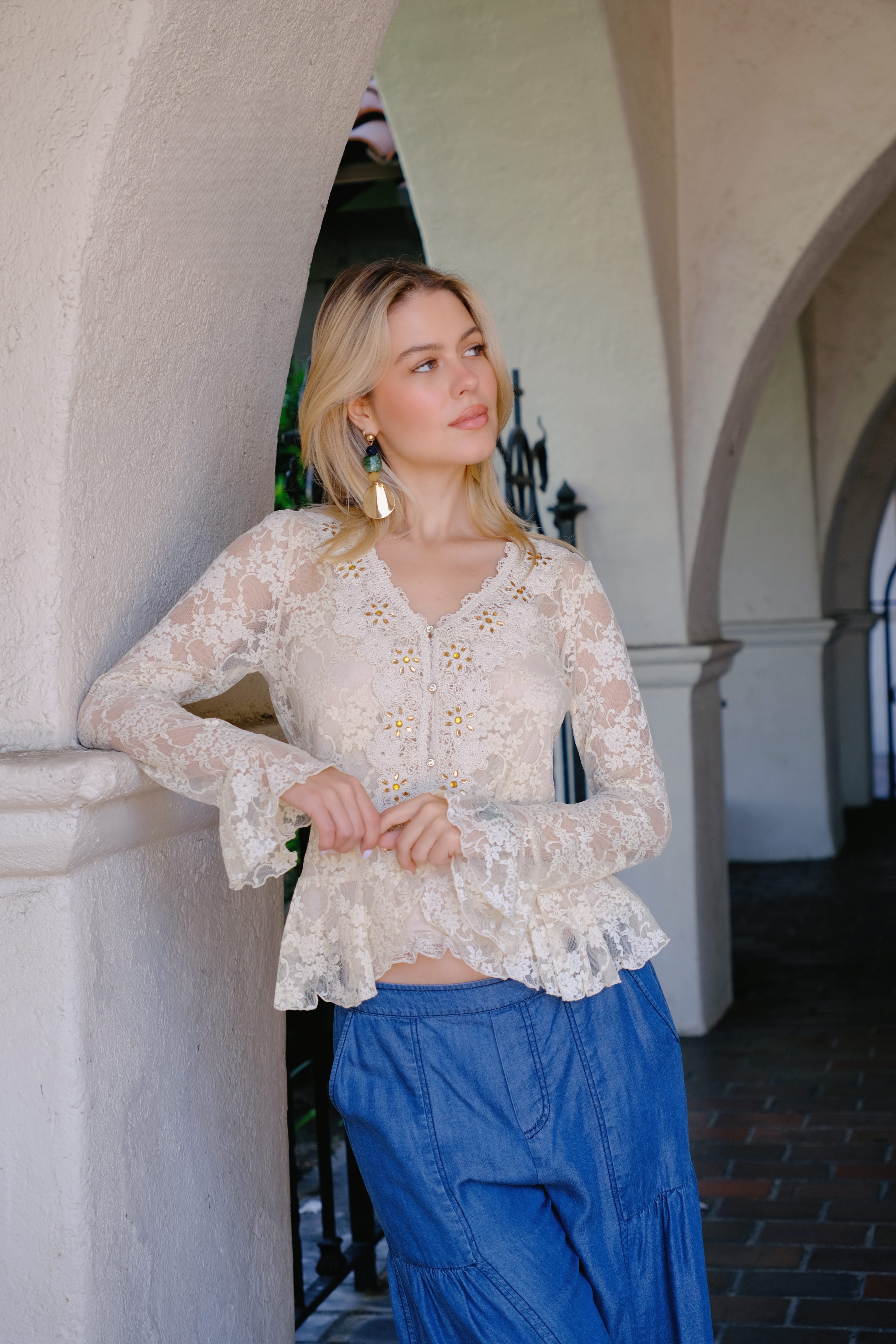 khadi&co　カディアンドコー swan blouse with lace Lace Shawl Collar Blouse | Elegant Lace Blouse | Aris.A